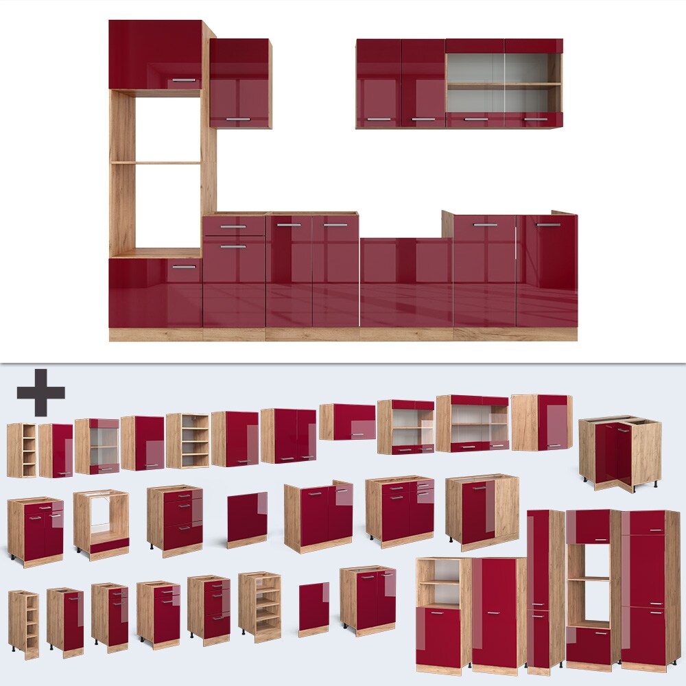 Vicco Küchenzeile Küchenblock Einbauküche R-Line 300cm Mikrowellenumbauschrank Bordeaux