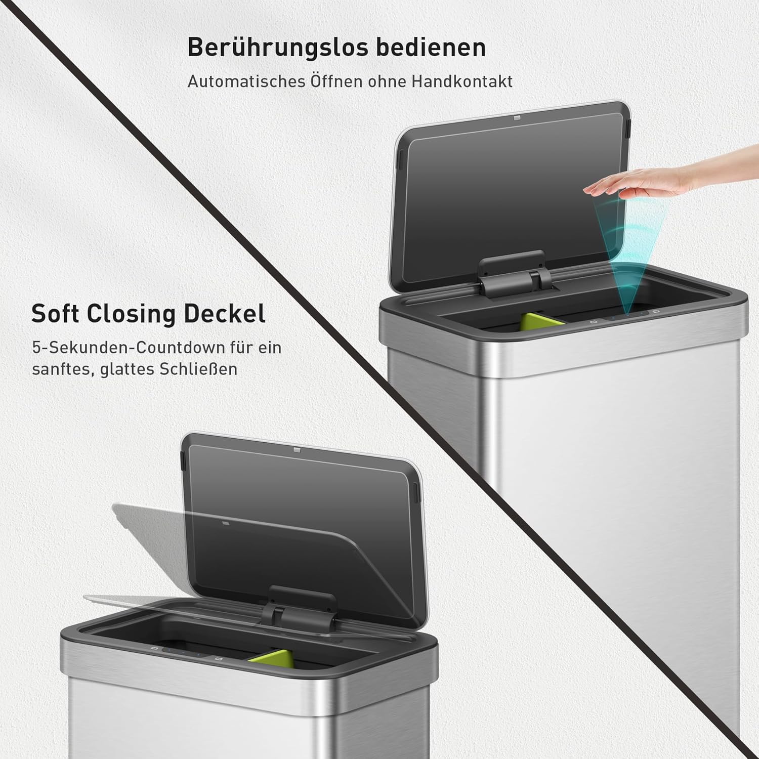 EKO NOVA Mülleimer mit Sensor, Automatischer Mülleimer 2 Fächer 2 x 30L, Abfalleimer Küche, Edelstahl, 2 Kunststoff Inneneimer, Softclose, fingerabdruckfrei, elektrischer Küchenmülleimer, 12 Müllsäcke