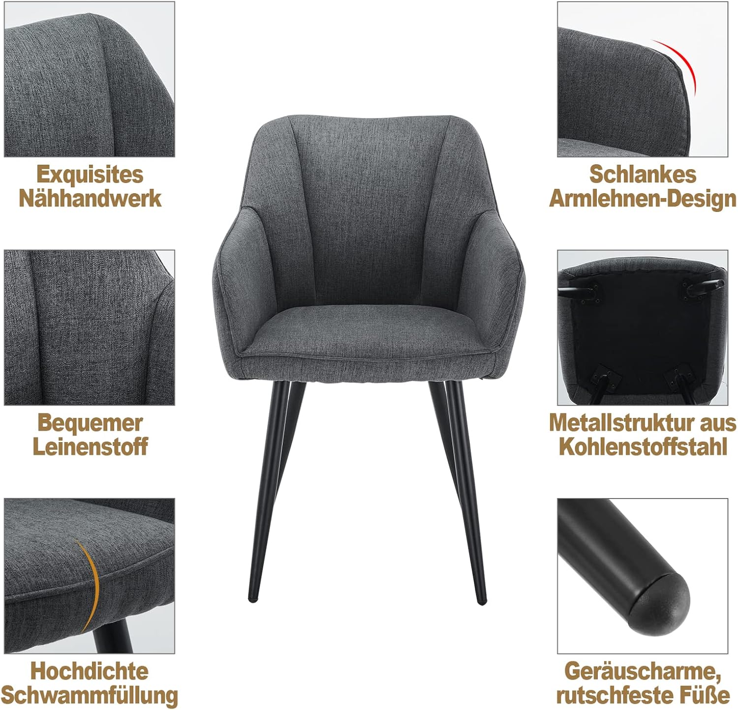 CLIPOP Esszimmerstühle 2er Set Leinen Küchenstuhl Polsterstuhl mit Armlehne und Metall Beine, Retro Design Armlehnstuhl Sessel für Wohnzimmer Esszimmer (2er, Leinen Dunkelgrau)