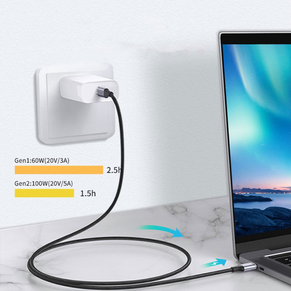 (2m) 100W USB C auf USB C 90 Grad Winkel Ladekabel Thunderbolt 3 Nylon Datenkabel 4K Monitor-Verbindungskabel 10 Gbit/s - Schwarz