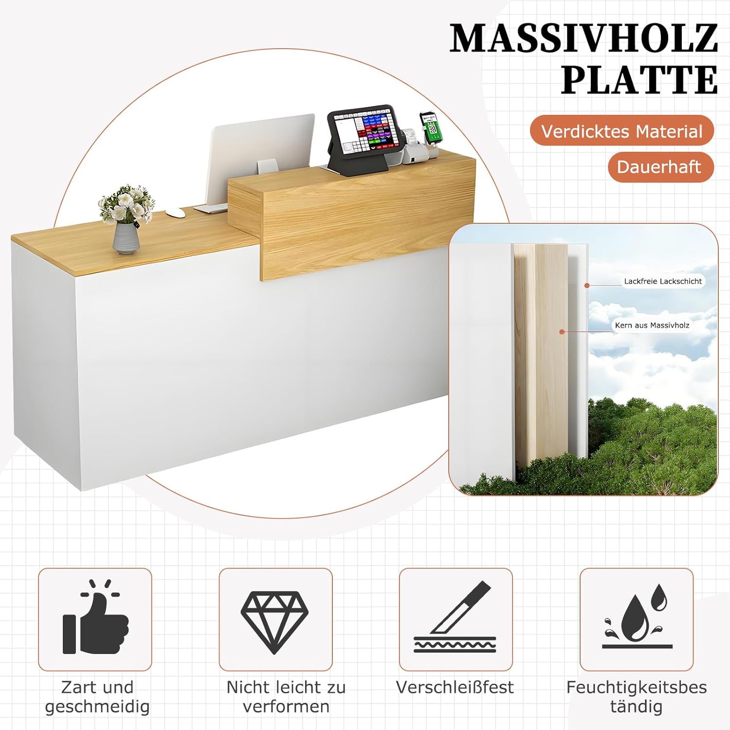 Empfangstheke, Empfangstresen, Rezeption mit Schublade und offenen Regalen, 100–240 cm Rezeptionstheken, modern für Büro, geeignet für Salons, Büros, Lobbys, Einzelhandelsgeschäfte