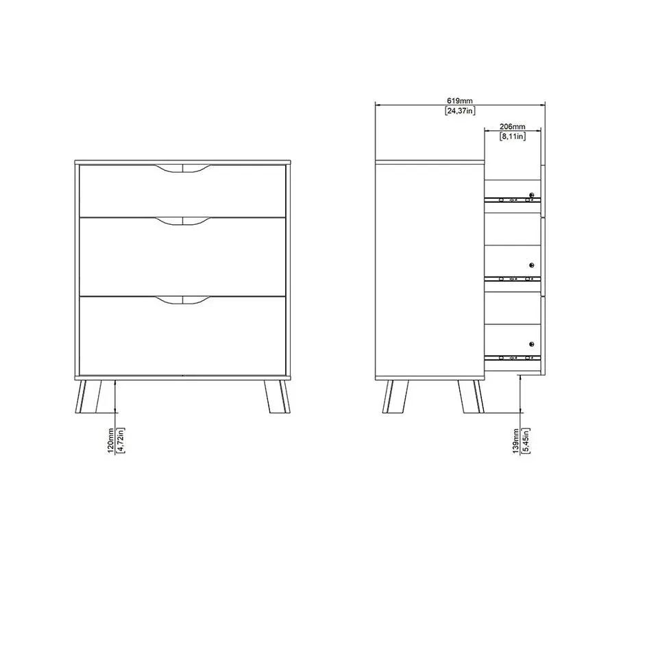 Hioshop Ikast kommode 3 lades eiken decor- wit