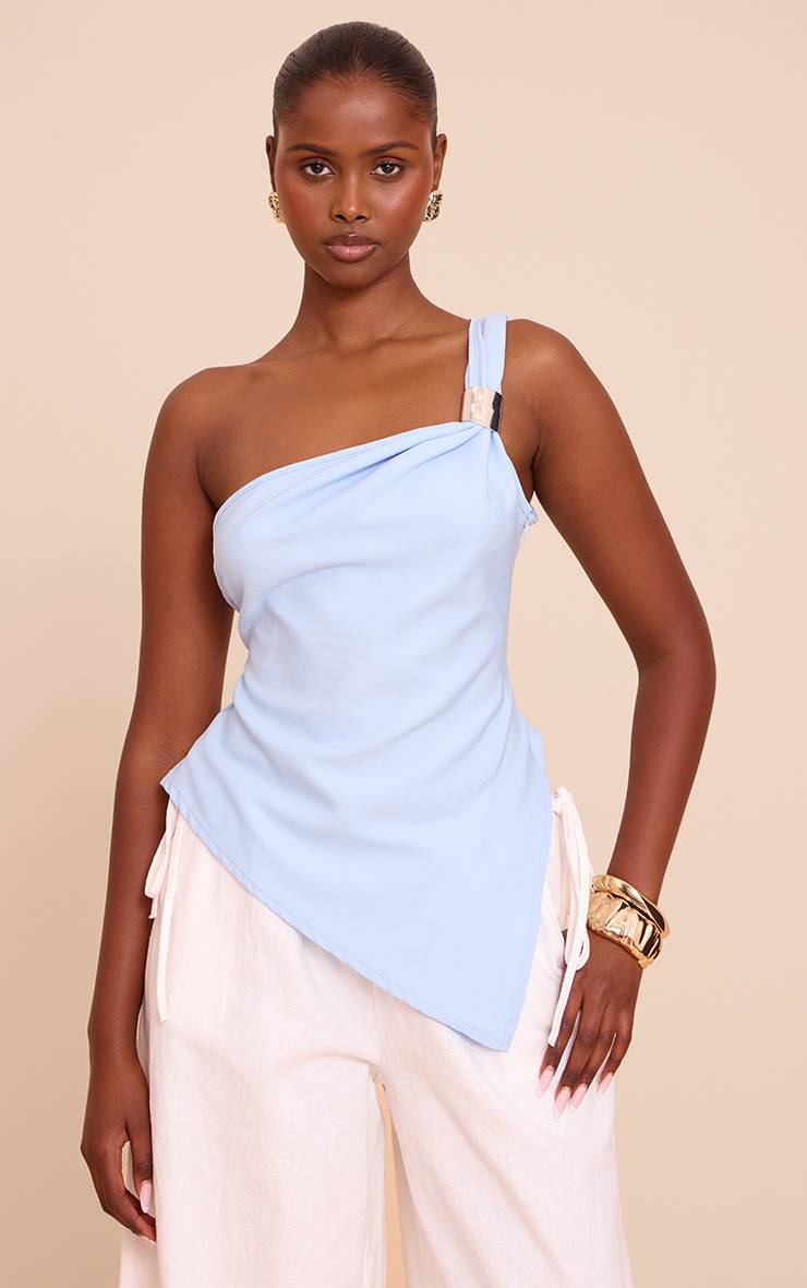 Bleu Ciel Haut Long Asymétrique À Une Épaule Avec Détails De Finition