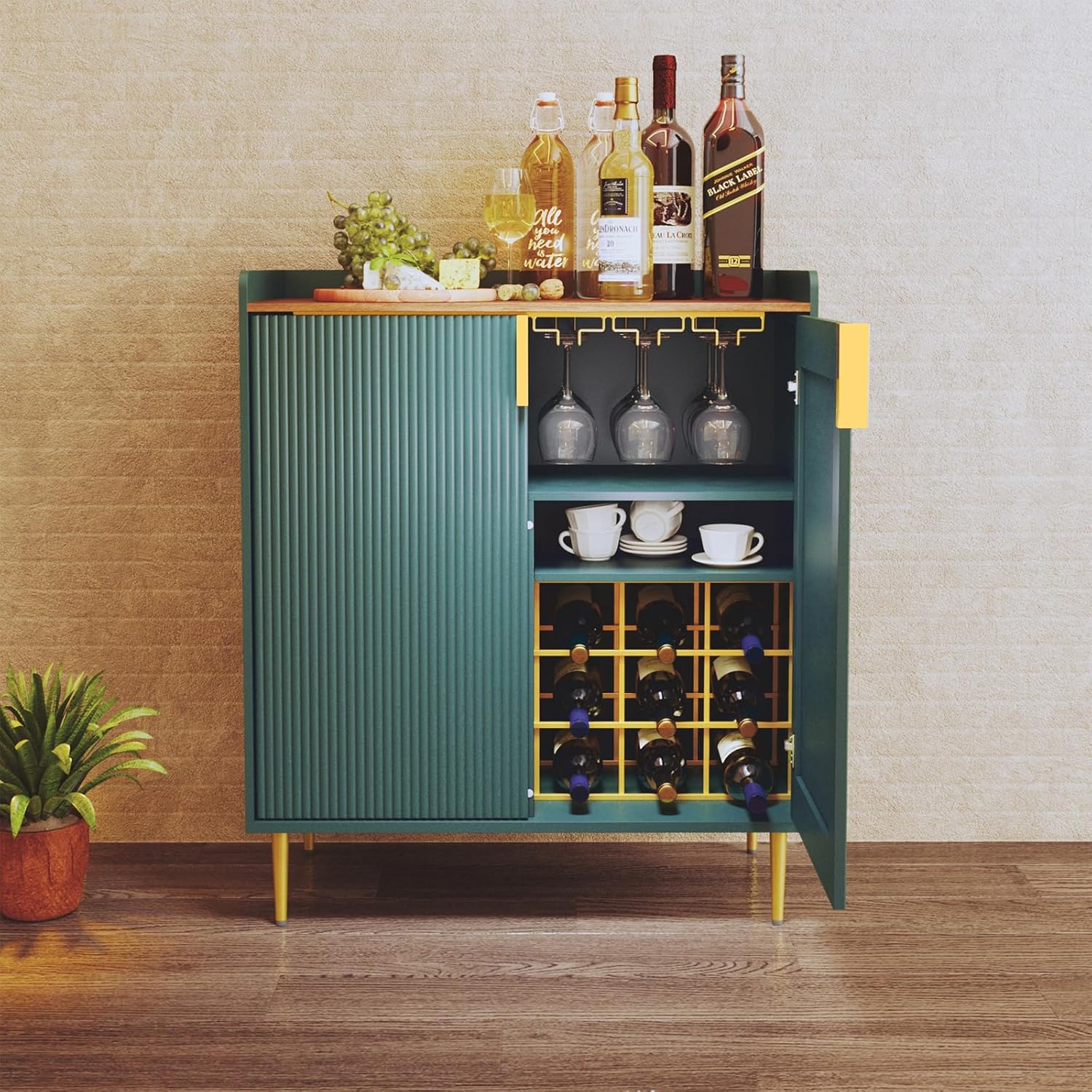 Weinschrank mit Weinregalen für 9 Flaschen, Barschrank Moderne Kaffeetresen-Schrank, Alkoholschrank Flaschenregal Holz, Sideboard-Buffetschrank für Küche, Esszimmer, Wohnzimmer