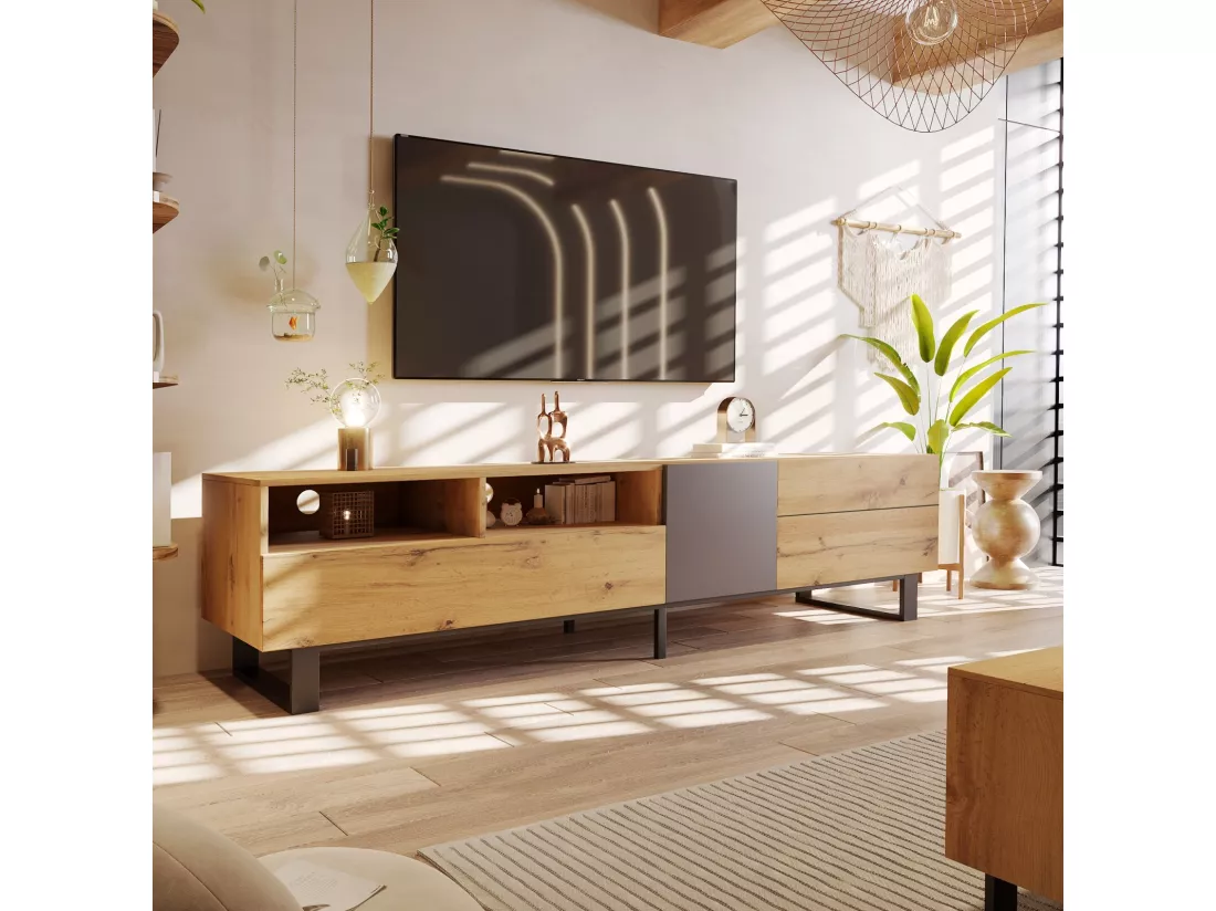Meuble TV 2 tiroirs 1 portes et 3 niches - en MDF - effet grain de bois et pieds métal - 180x38x50cm