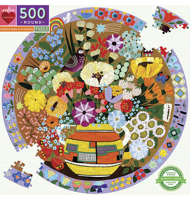 eeBoo eeBoo - Rundt puslespil 500 brk - Purple Bird and Flowers