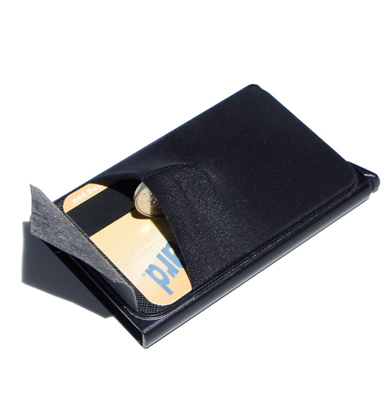 Mini Kreditkarten Aluminium Etui mit Kartenauswurf-Mechanismus   Münzfach (RFID Schutz) - Silber