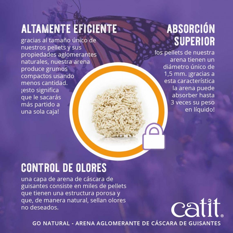 Areia higiênica aglomerante Catit Go Natural com casca de ervilha e aroma de lavanda.