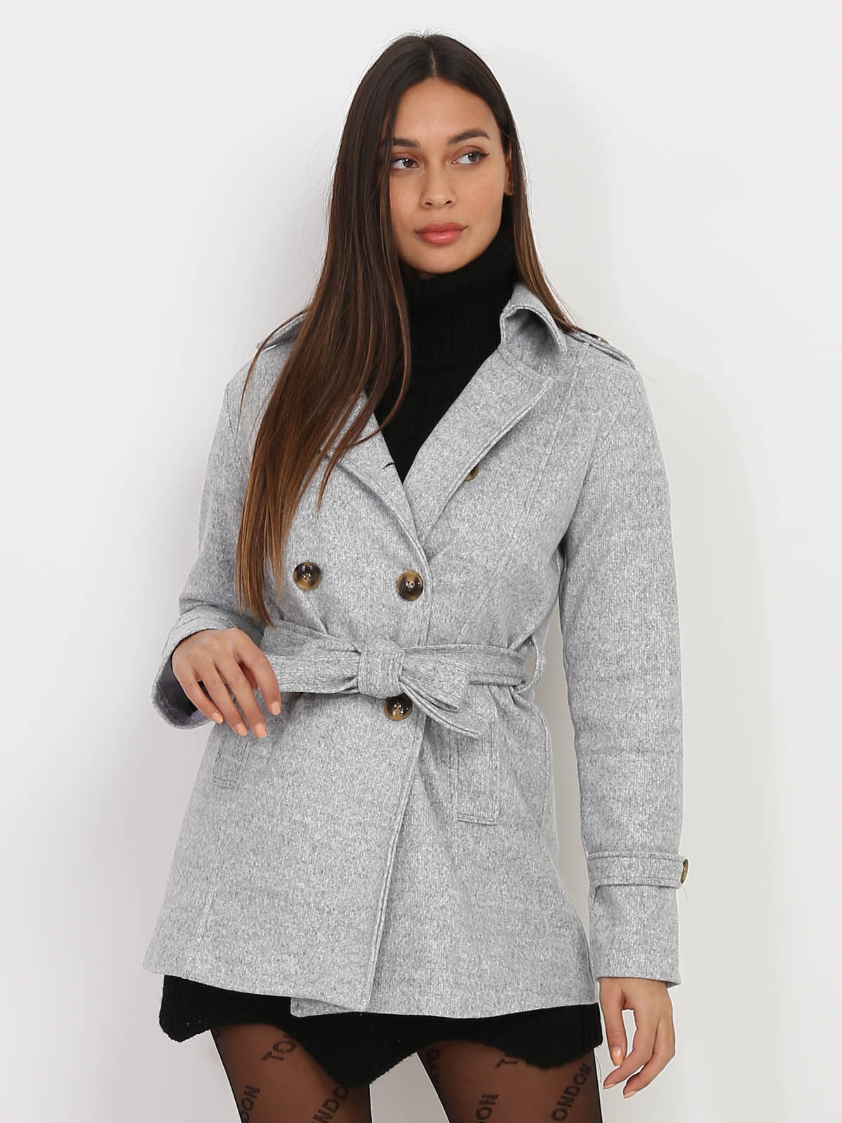 Manteau court ceinturé- Gris clair