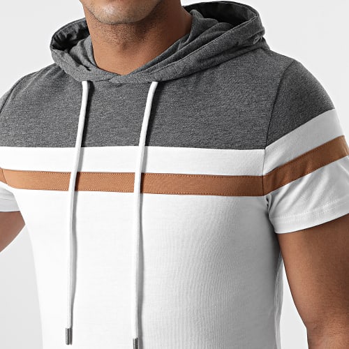 Tee Shirt Capuche Tricolore 1114 Gris Anthracite Blanc Camel