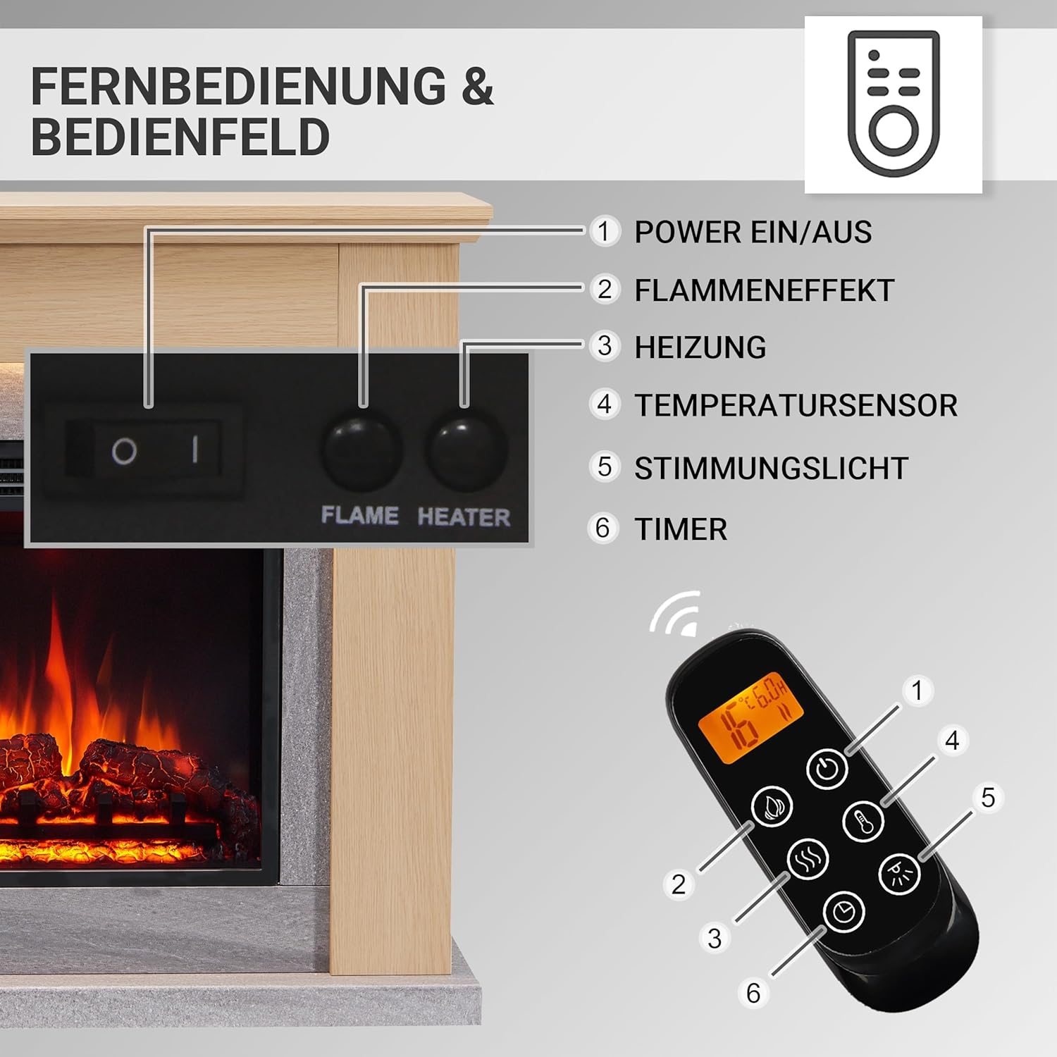 BALDERIA Pandora Elektrokamin - Elektrischer Standkamin mit Heizung 1000/2000 W, realistischer 3D-Flammeneffekt, LED-Beleuchtung, Fernbedienung programmierbar, Timer, Thermostat - Hellbraun