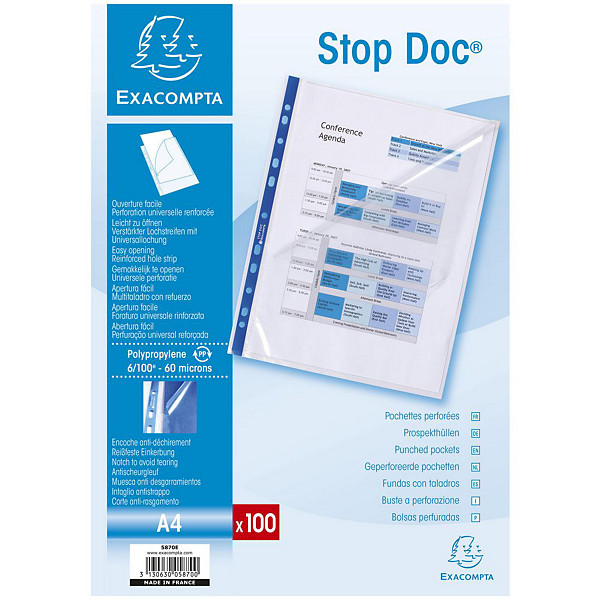 Exacompta Stop Doc, Pochette perforée  A4 à ouverture en coin, polypropylène 6/100 e, 11 trous, transparente - paquet 100 unités