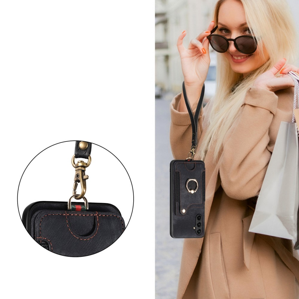 Samsung Galaxy A54 5G Necklace Leder Hülle mit Kartenfächer   Finger Griff Halterung   Handykette (RFID Schutz) - Schwarz