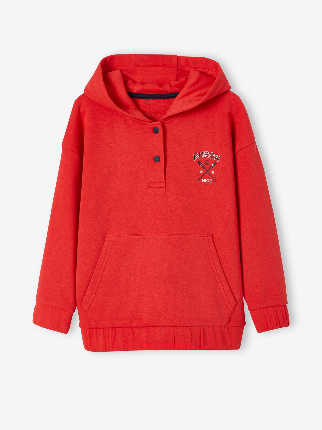 Moletom com capuz para meninos, tamanho médio, vermelho liso com estampas e motivos de remo.