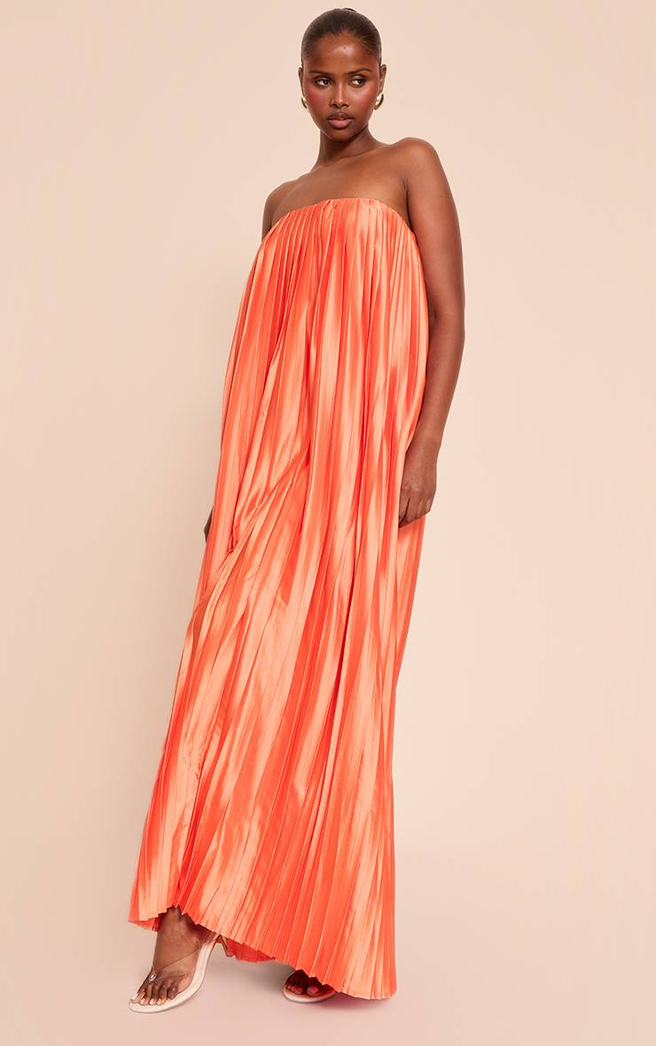 Bright Orange Robe Longue Bustier Plissée En Satin
