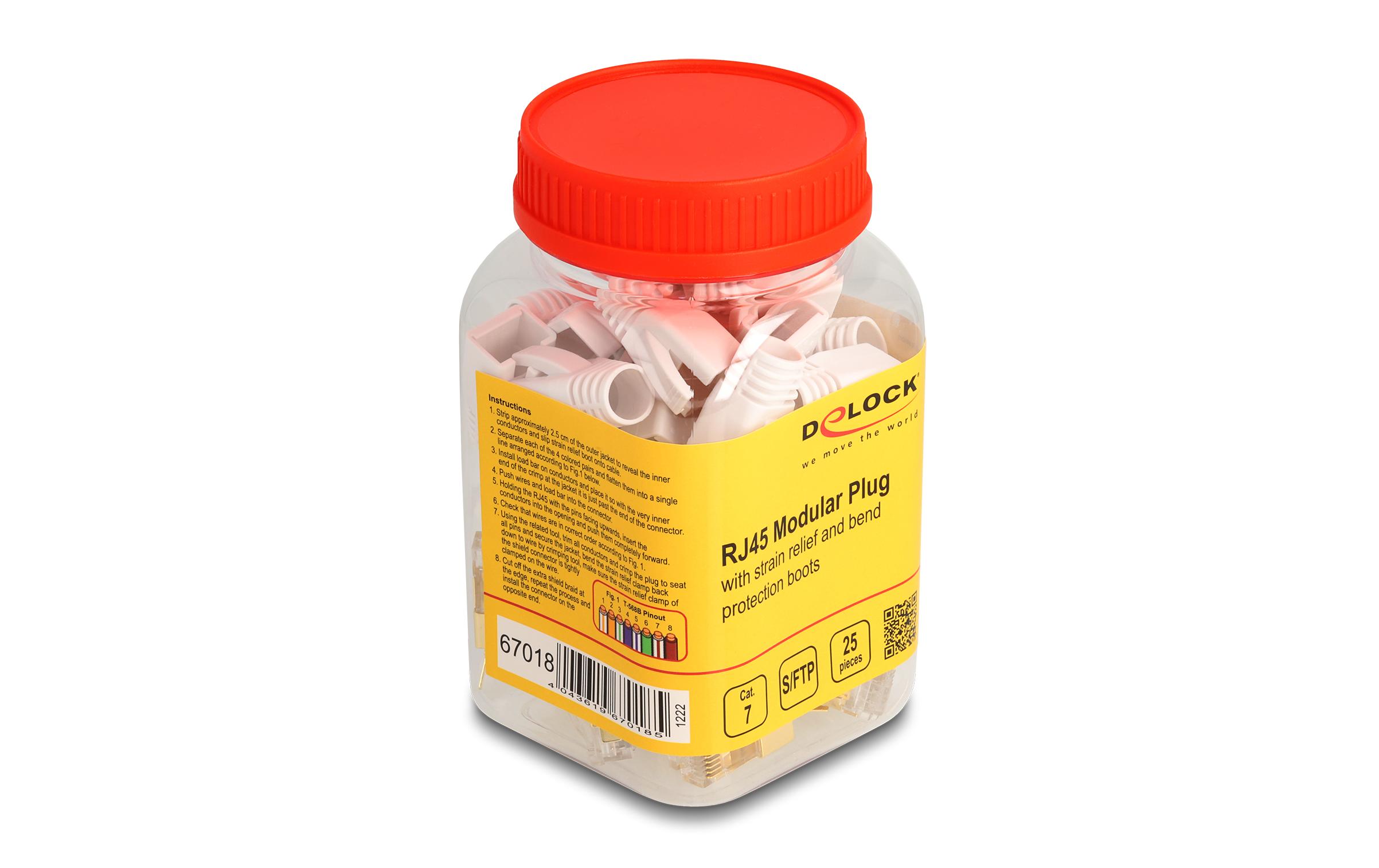 Stecker RJ45, S/FTP, Cat.7 25 Stück, TransparentDelock RJ45 Modularer Stecker mit Zugentlastung und Knickschutztülle für Cat.7 Rundkabel 25er Set