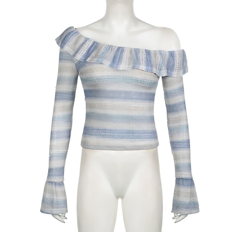 PolkaBella - Lange mouwen off-shoulder kleurblok geplooide geperforeerde slim fit crop top