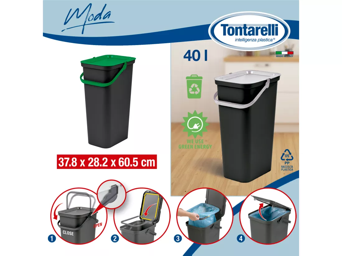 Set de 2 poubelles 40L avec poignée verte et noire