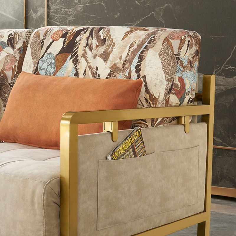 🔥Modern Queen Convertible Sleeper Sofa Gold Metal Beige Upholstered Sofa Bed Pillow