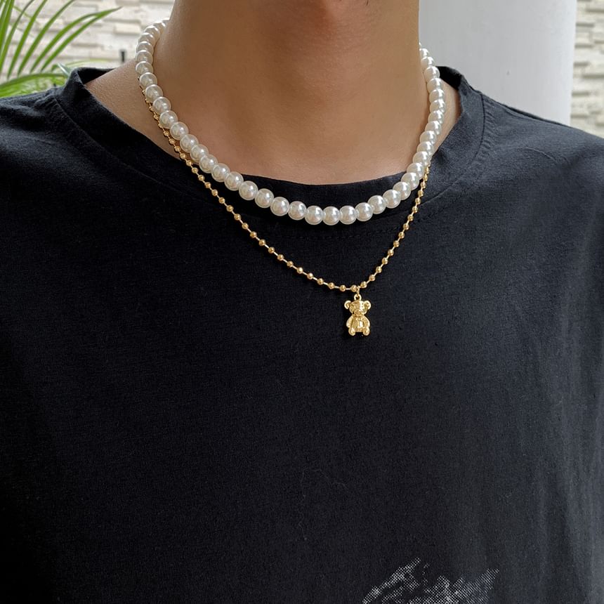 Gretlyn - Bear Pendant Faux Pearl Layered Necklace