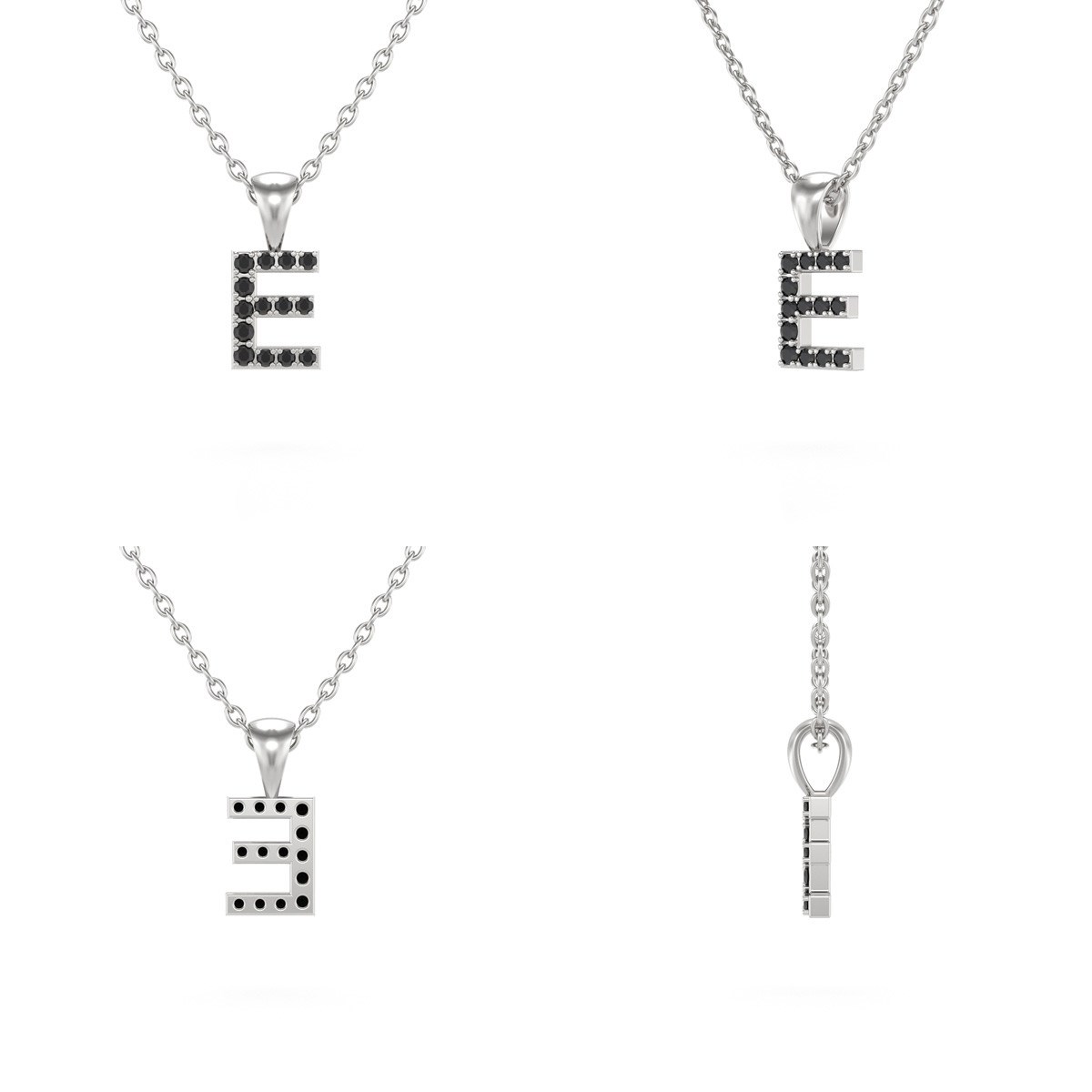 Collier Pendentif ADEN Lettre E Or 750 Blanc Diamant Noir Chaine Or 750 incluse 0.72grs