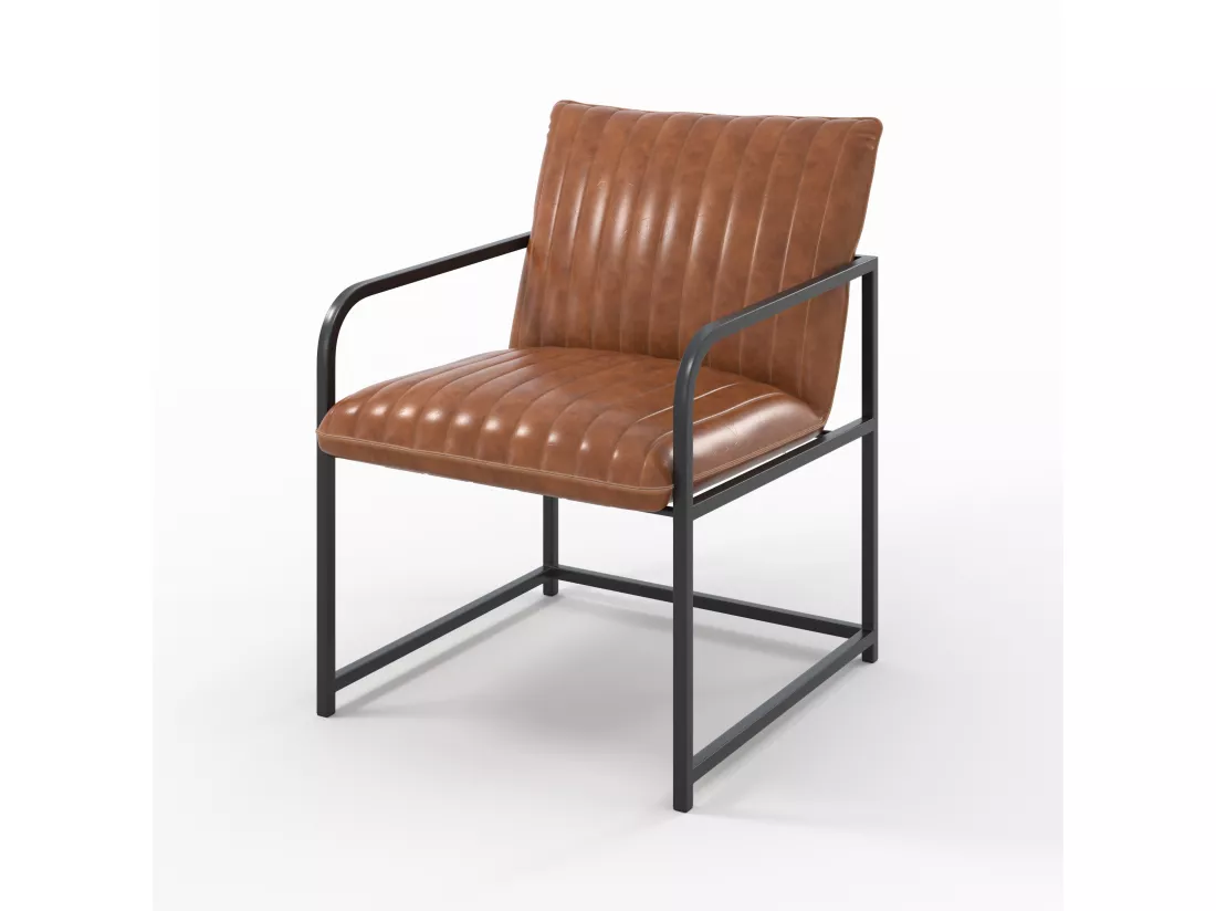 Fauteuil en cuir marron et métal noir - Armand
