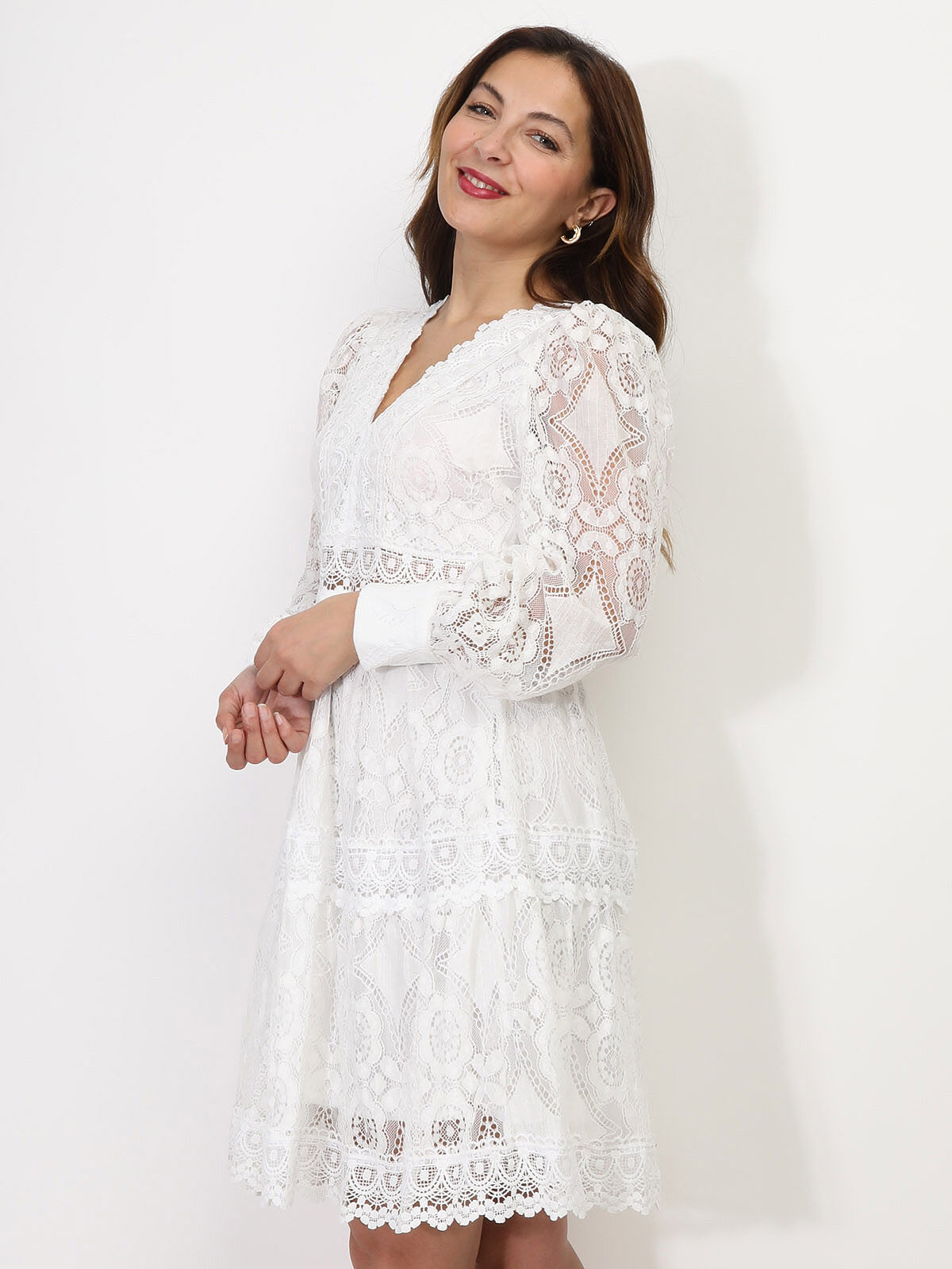 Robe chemisier en dentelle et crochet- Blanc