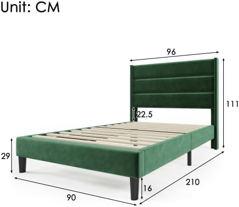 Polsterbett 90x200 cm, Grün Samt (Velvet), gepolstertes Einzelbett mit Kopfteil & Lattenrost, modernes Jugendbett, samtweicher Bezug, ohne Boxspring