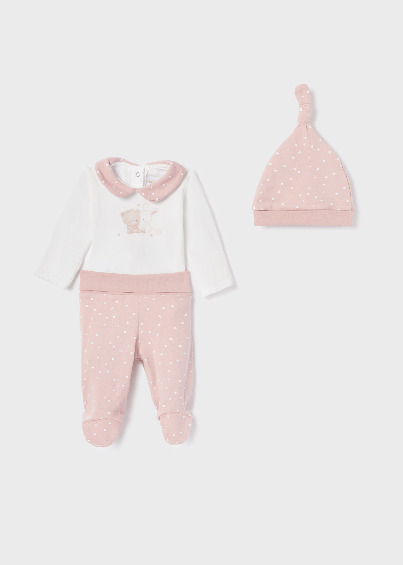Conjunto de 3 peças em algodão sustentável para recém-nascidos.