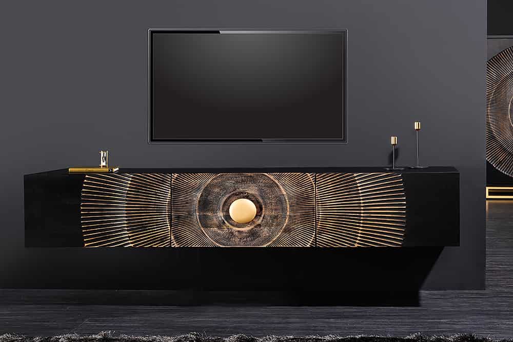 Hängendes TV-Lowboard GOLDEN SUNSET 160cm Mangoholz schwarz mit 3D Schnitzereien gold handmade