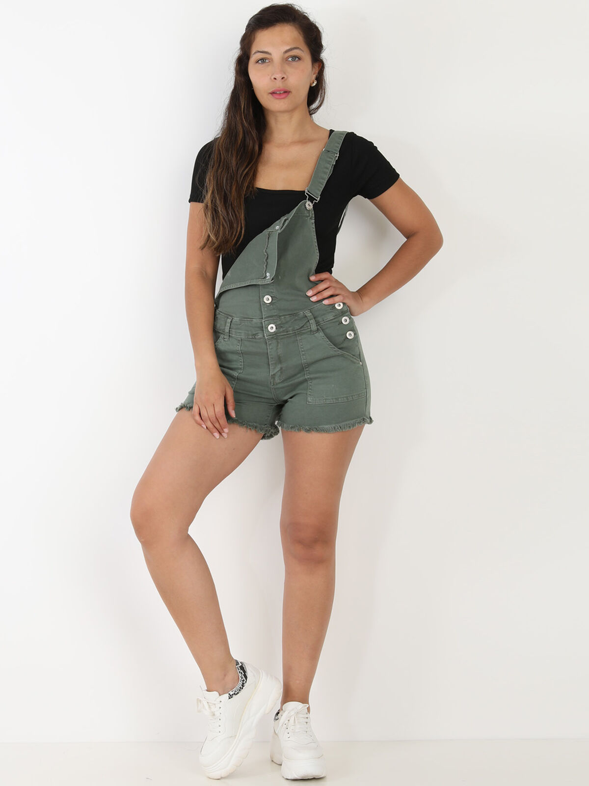 Salopette short effilochée en jean- Kaki