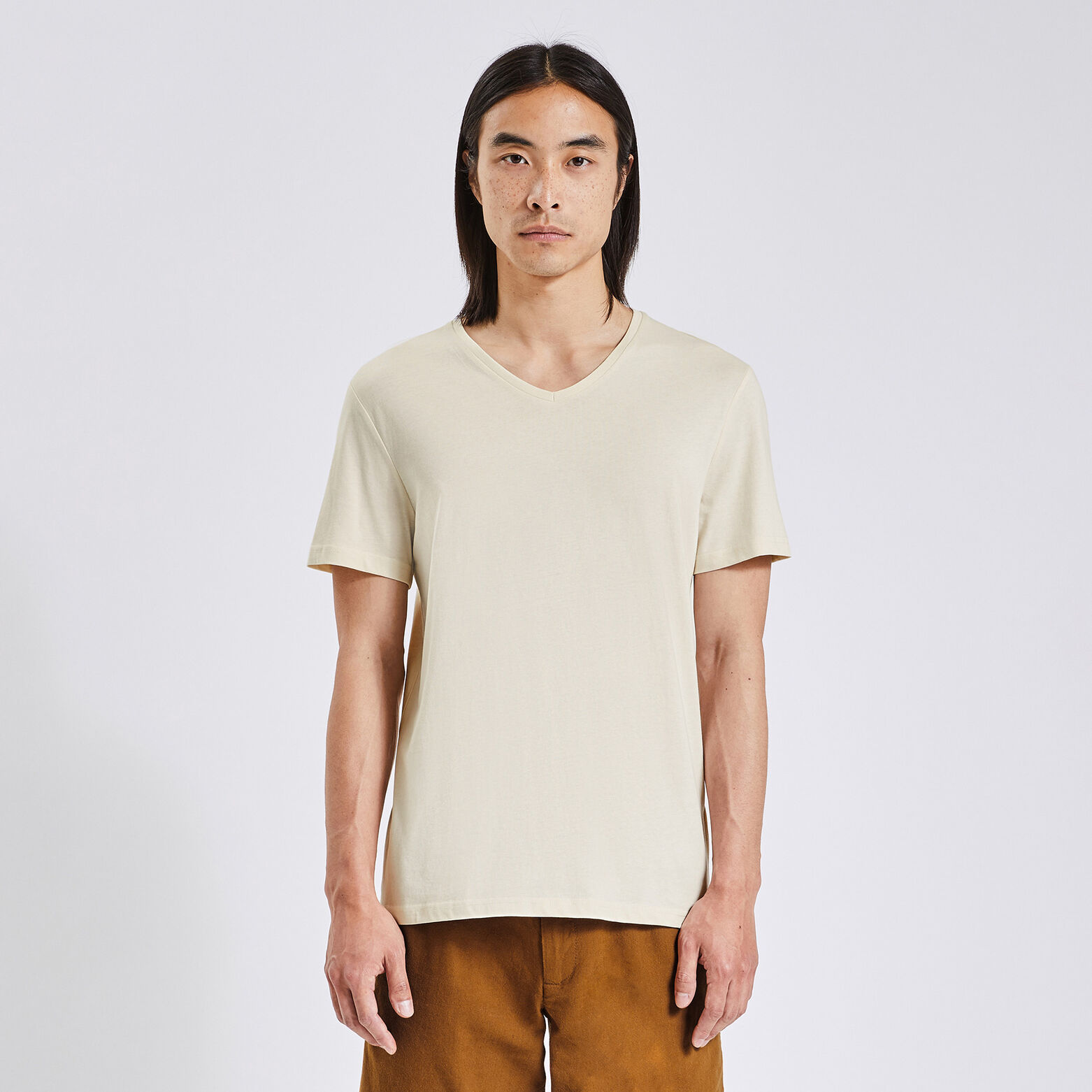 Tee shirt basique col V coton issu de l'agri biolo Ecru