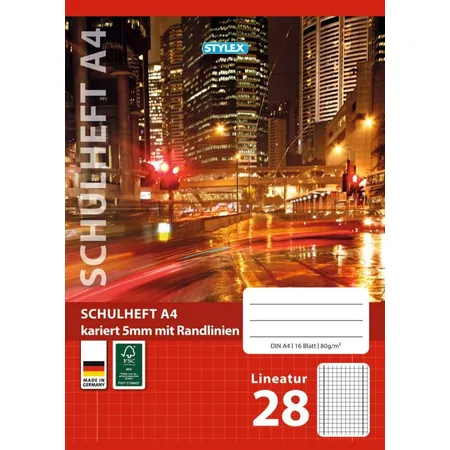 Stylex Schulheft City DIN A4, Lineatur 28, kariert 5 mm mit Rand
