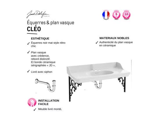 Pack plan vasque suspendu 3 trous JACOB DELAFON Cléo 1889 + miroir + colonne droite + siphon chromé