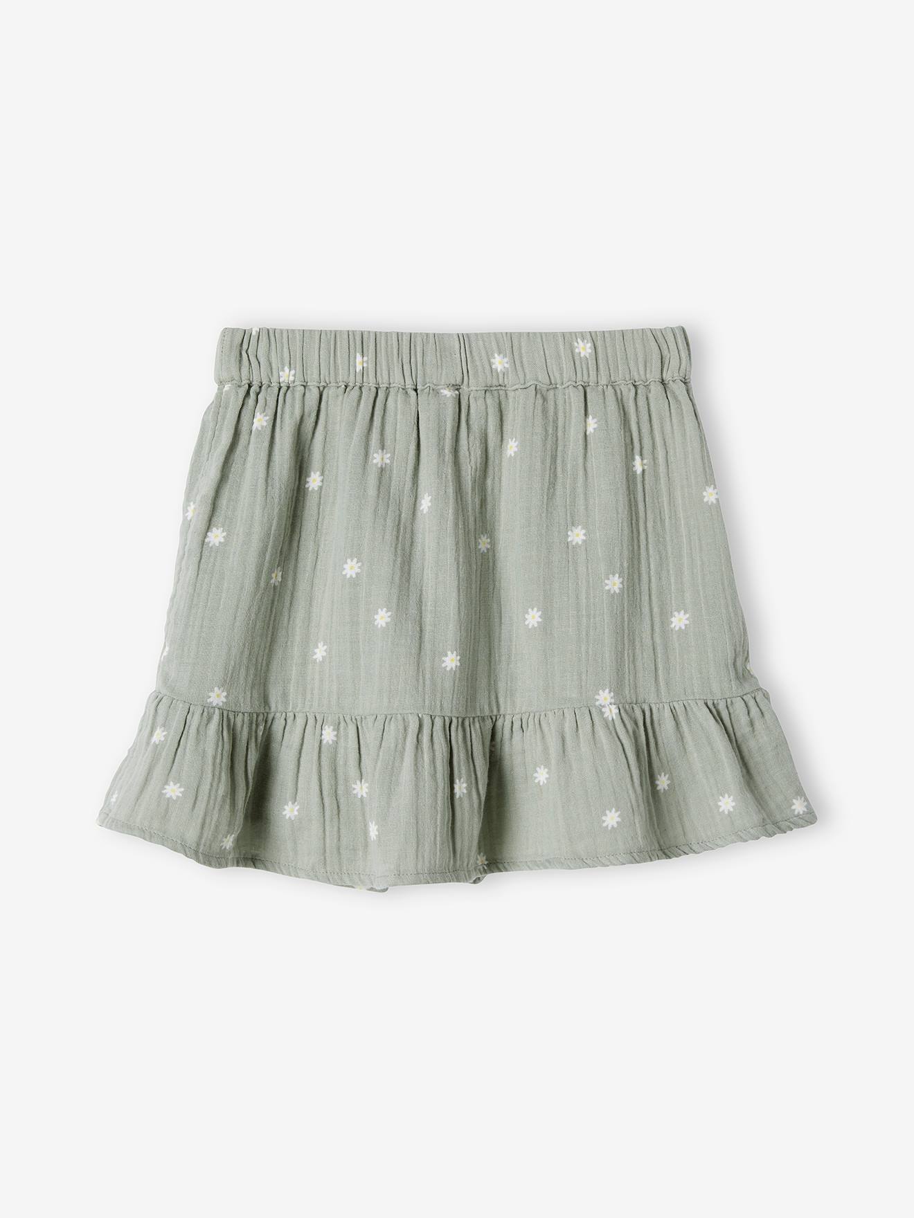 Saia de chiffon de algodão estampada para meninas, estampa verde clara.