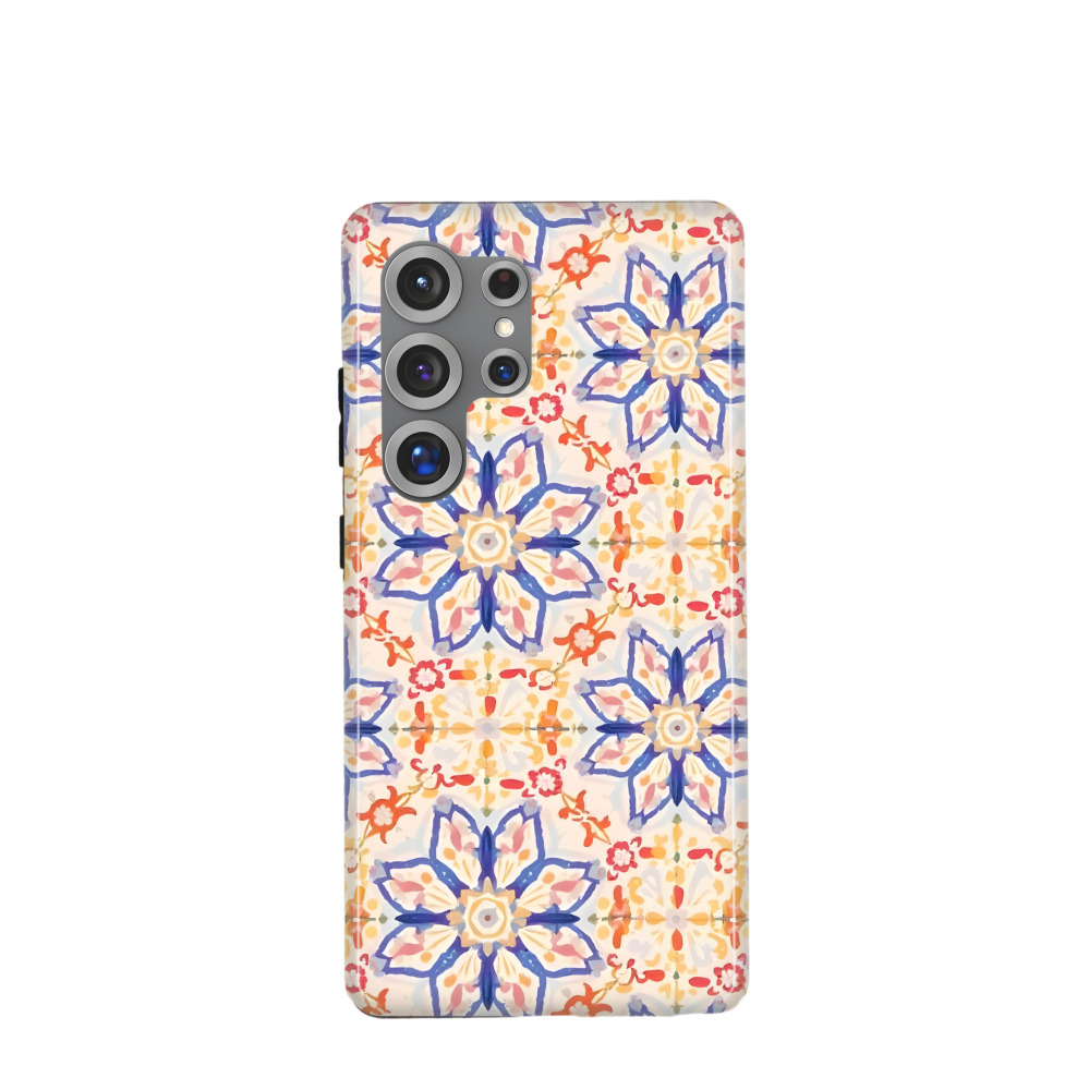 Samsung Galaxy S25 Ultra Hybrid (Kunststoff / Gummi) Hülle Majolika-Aquarellblüte - Blau / Gelb / Rot