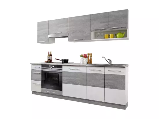 Cuisine LAX 8 éléments - BETON et blanc mat 240 cm