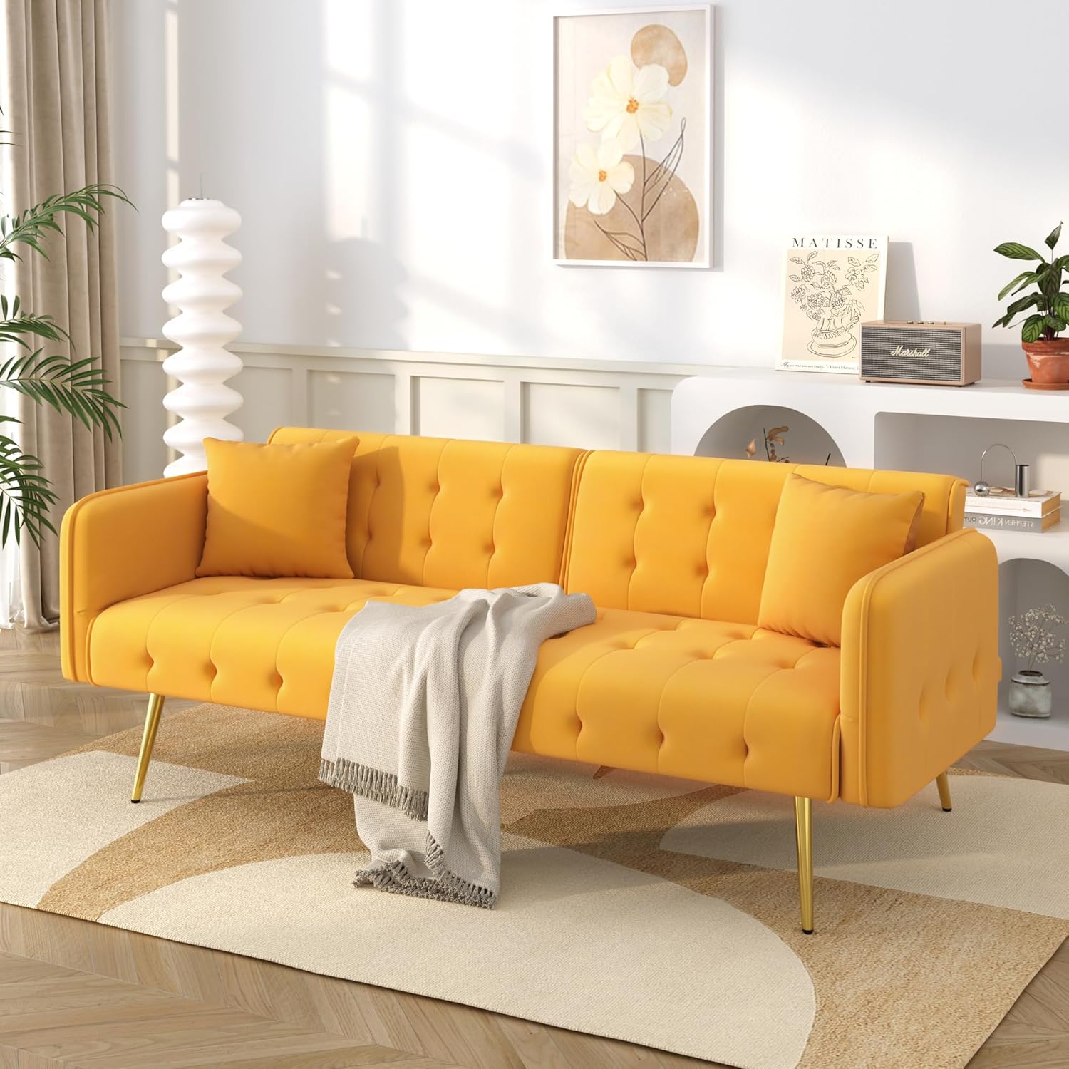 Zweisitzer-Multifunktions-Sofabett mit Bettfunktion, Verstellbarer Rückenlehne + mehrstelligen Armlehnen. Modernes Faltsofabett für Wohnzimmer - Veloursbezug. Großzügiger Schlafbereich