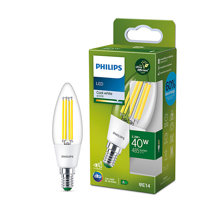 Ampoule LED flamme E14 485lm=40W blanc froid Philips ⌀3,5 cm transparent