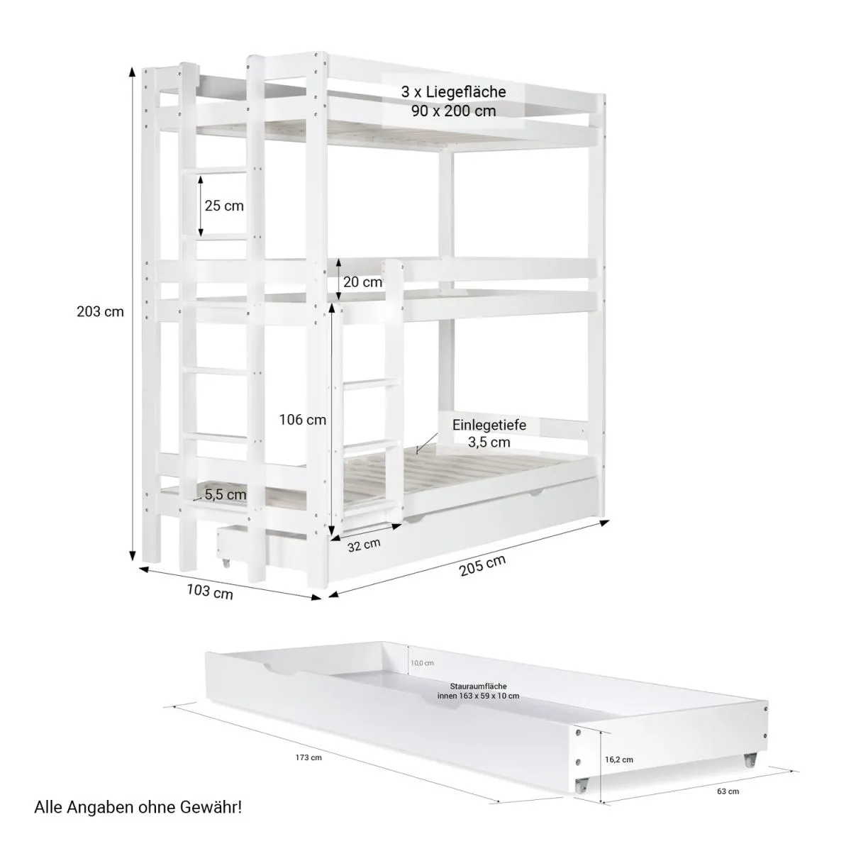 HOMESTYLE4U Lit Superposé Triple 90x200 cm - Bois Blanc