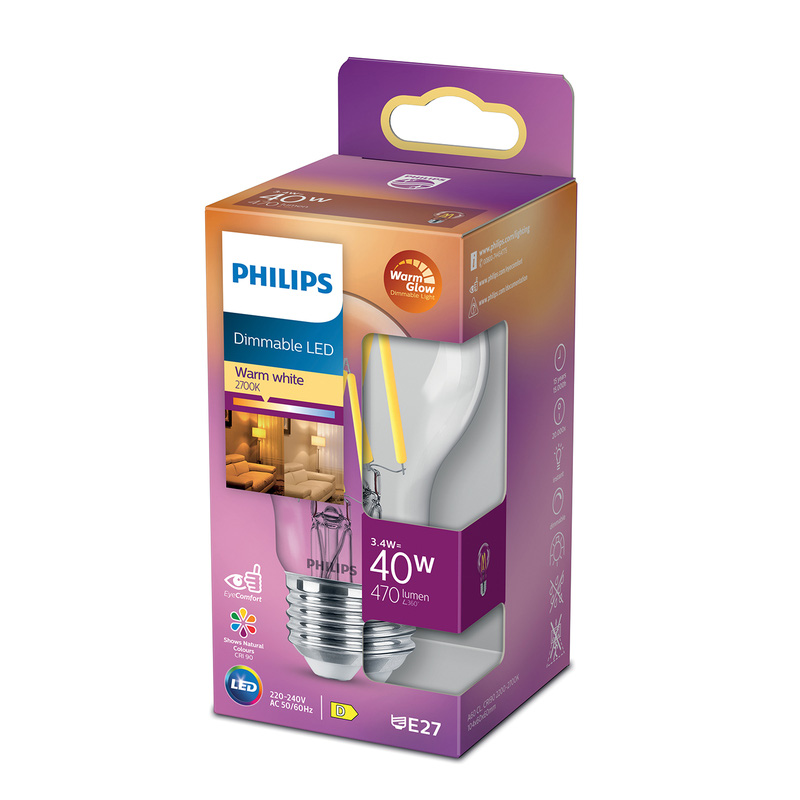 Philips LED lamp transparant E27 3.4W 2200K-2700K Dimbaar