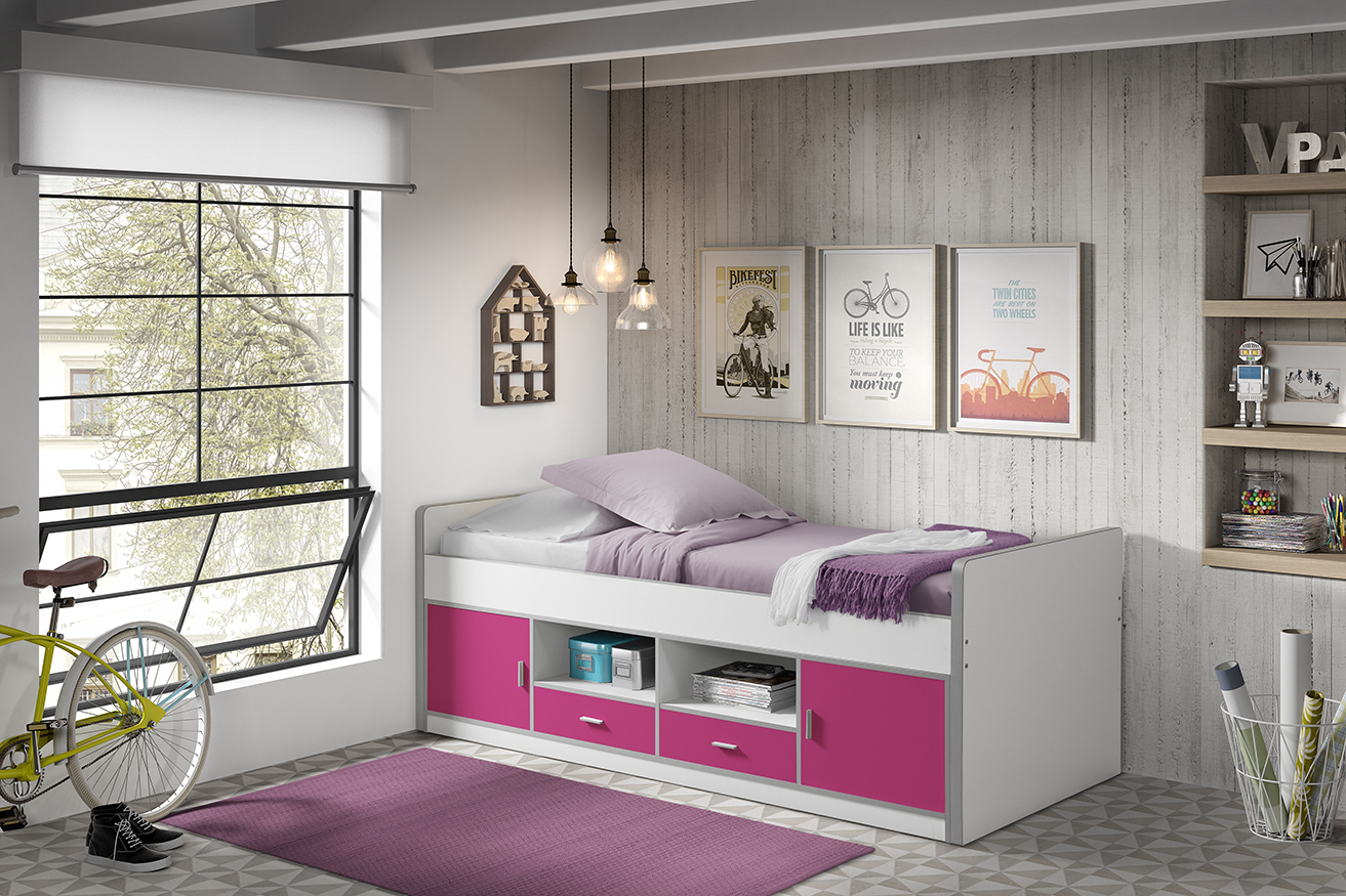 Kojenbett BONNY - weiß-pink - mit Türen - 90x200 cm