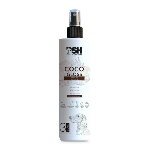 Loção hidratante com brilho de coco PSH COSMETICS para cães.