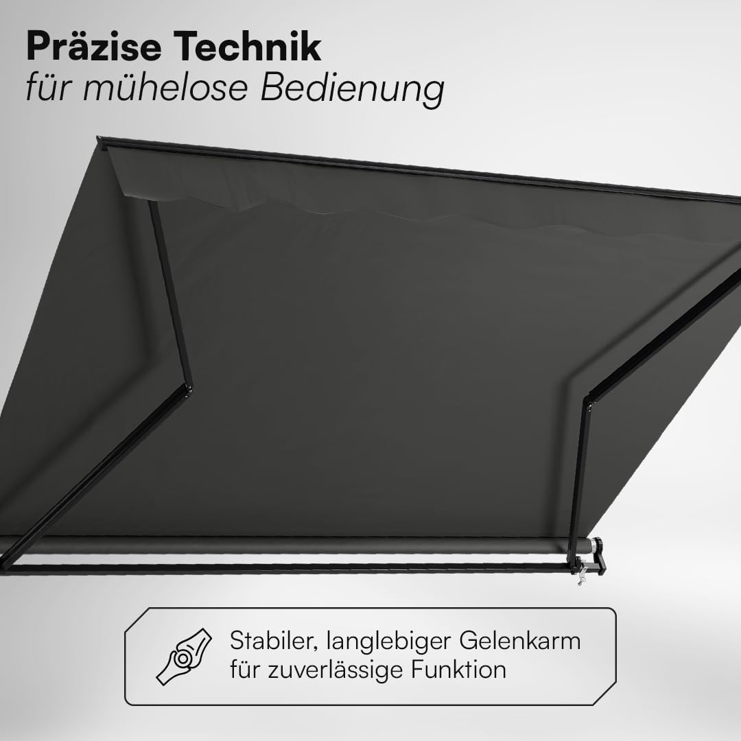 STEELSØN Kestria Markise für Balkon/Dachterrasse/Garten 300x250 cm – Gelenkarmmarkise blickdicht & wetterfest – Außenrollo mit Kurbel aus Kunststoffgewebe – Sonnenmarkise mit Wandhalterung Anthrazit