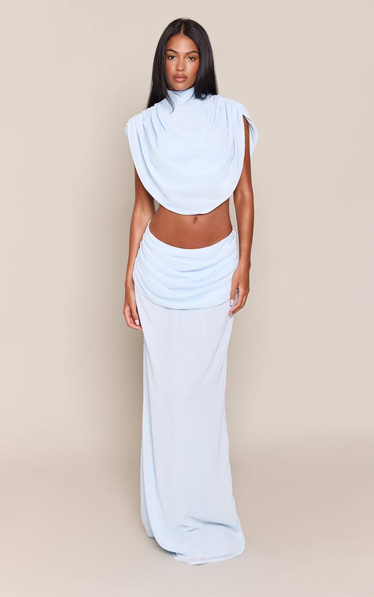 Bleu Layette Haut Co-ord Tall En Mousseline À Col Montant Plissé Drapé