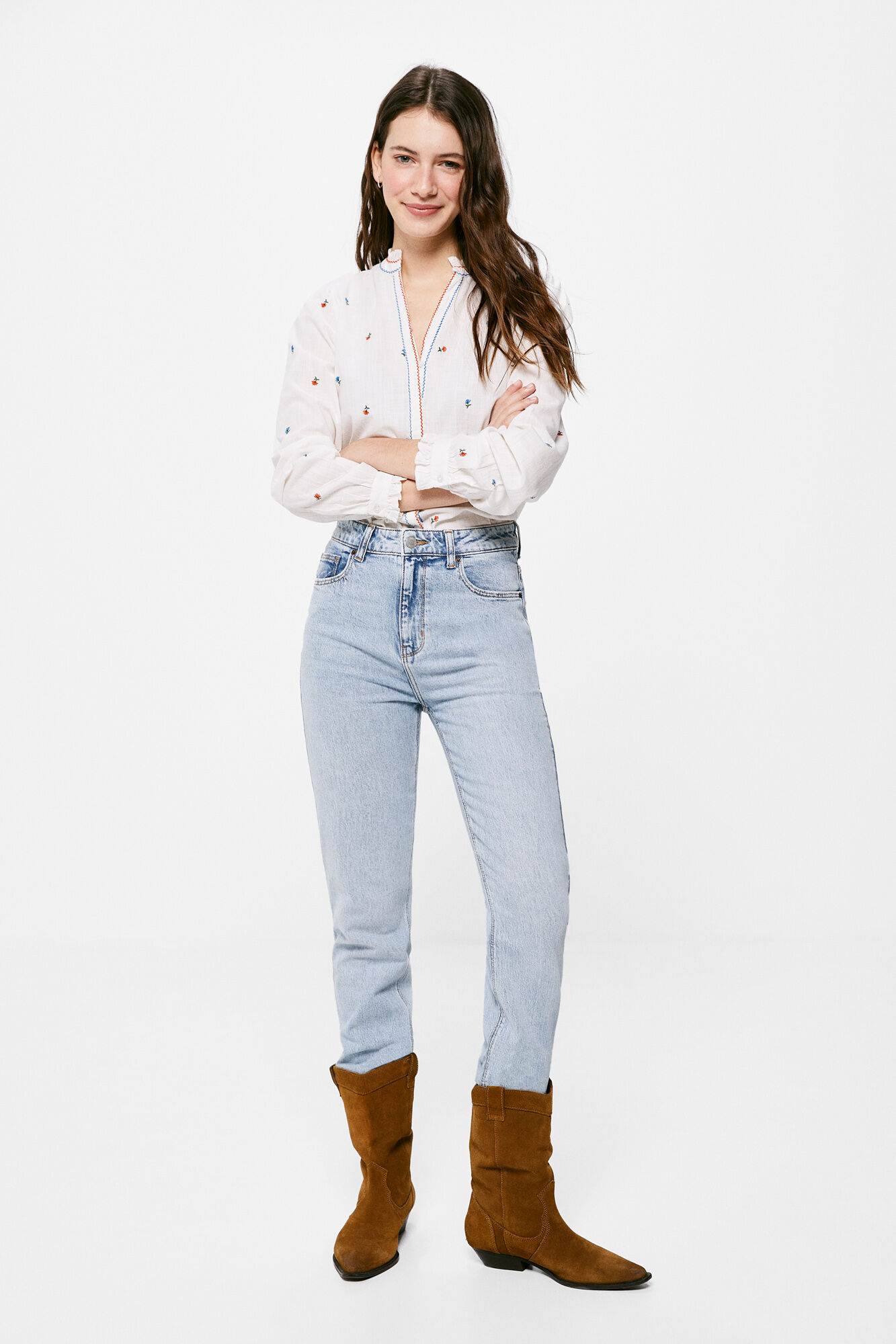 Blusa bordada com estampa floral - Marrom