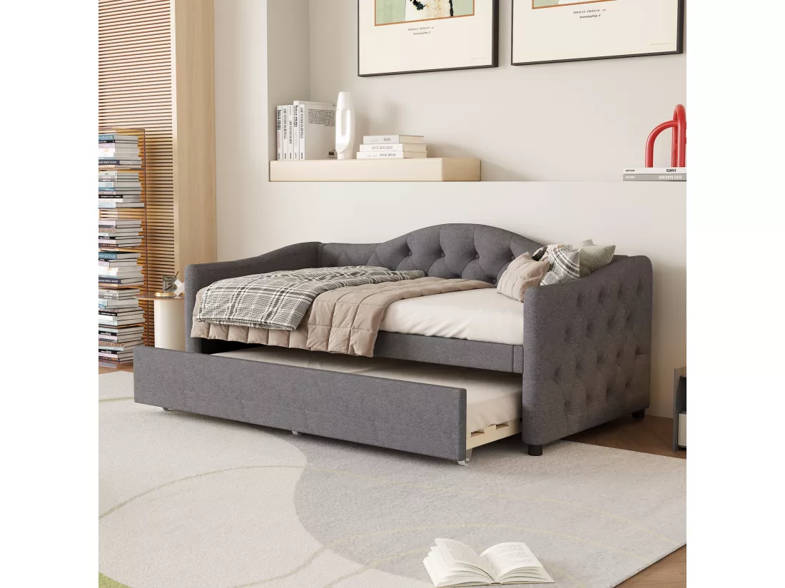 Lit banquette 90x200cm + lit gigogne 90x190cm - capitonné en tissu lin - Gris (matelas non inclus)