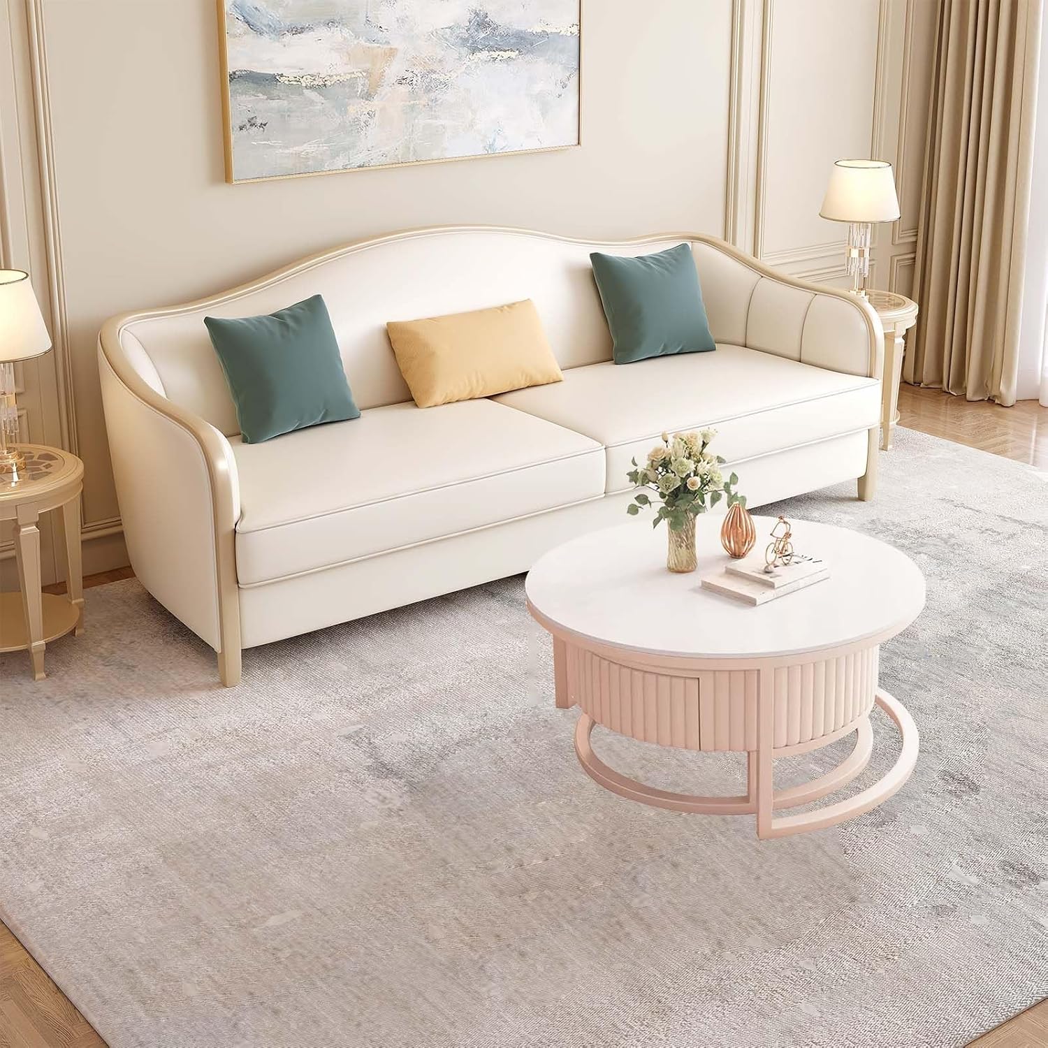 2 weiße Couchtische, ausziehbar, rund, mit Aufbewahrung, Marmor und robuster Metallrahmen, modern und ausziehbar, für Wohnzimmer und Büro