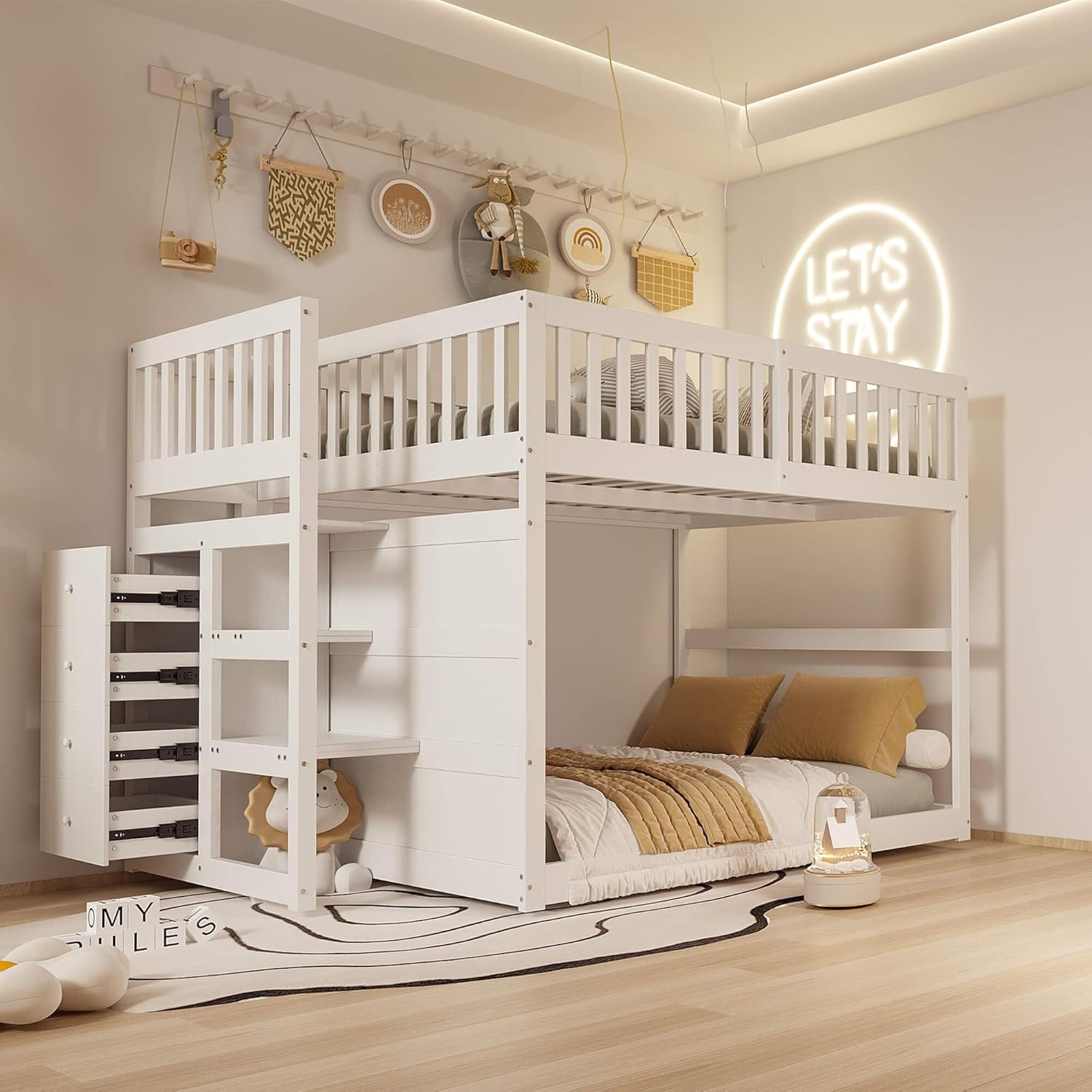 HYUB Etagenbett Kinderbett 140x200 cm mit Treppe und Stauraum, Stockbett Jugendbett mit Lattenrost und Rausfallschutz, Bettgestell aus Kiefernholz, Stauraumbett Holzbett, Weiß