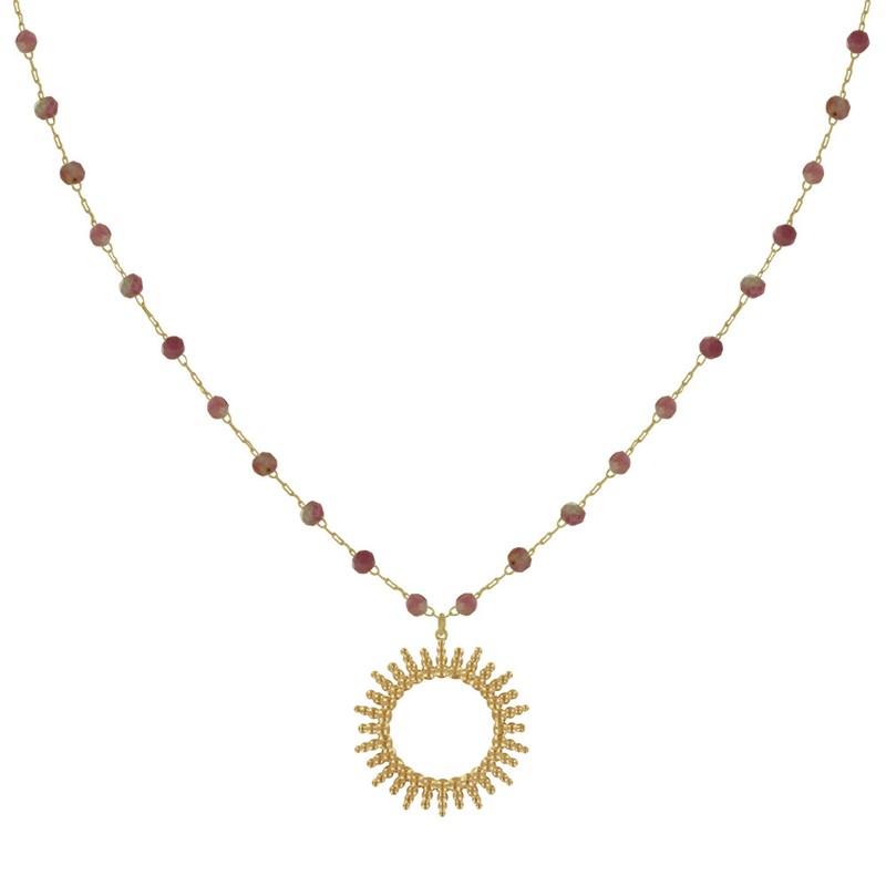 Collier Plaqué Or Soleil de Billes Ajouré et Perles Facettées Tourmaline Rose